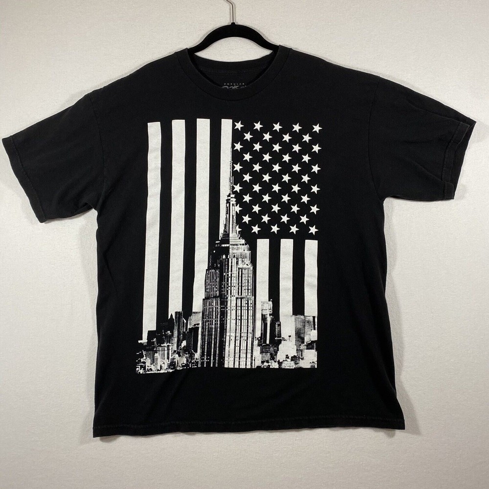 American Flag Empire State Building New York Popular Poison Art Black Tshirt XL